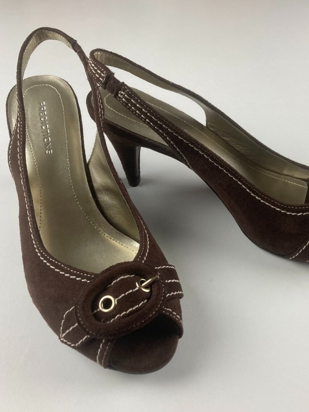 Predictions Women Sandals Brown Peep Toe Slingback Heels Faux Suede Retro Pumps
